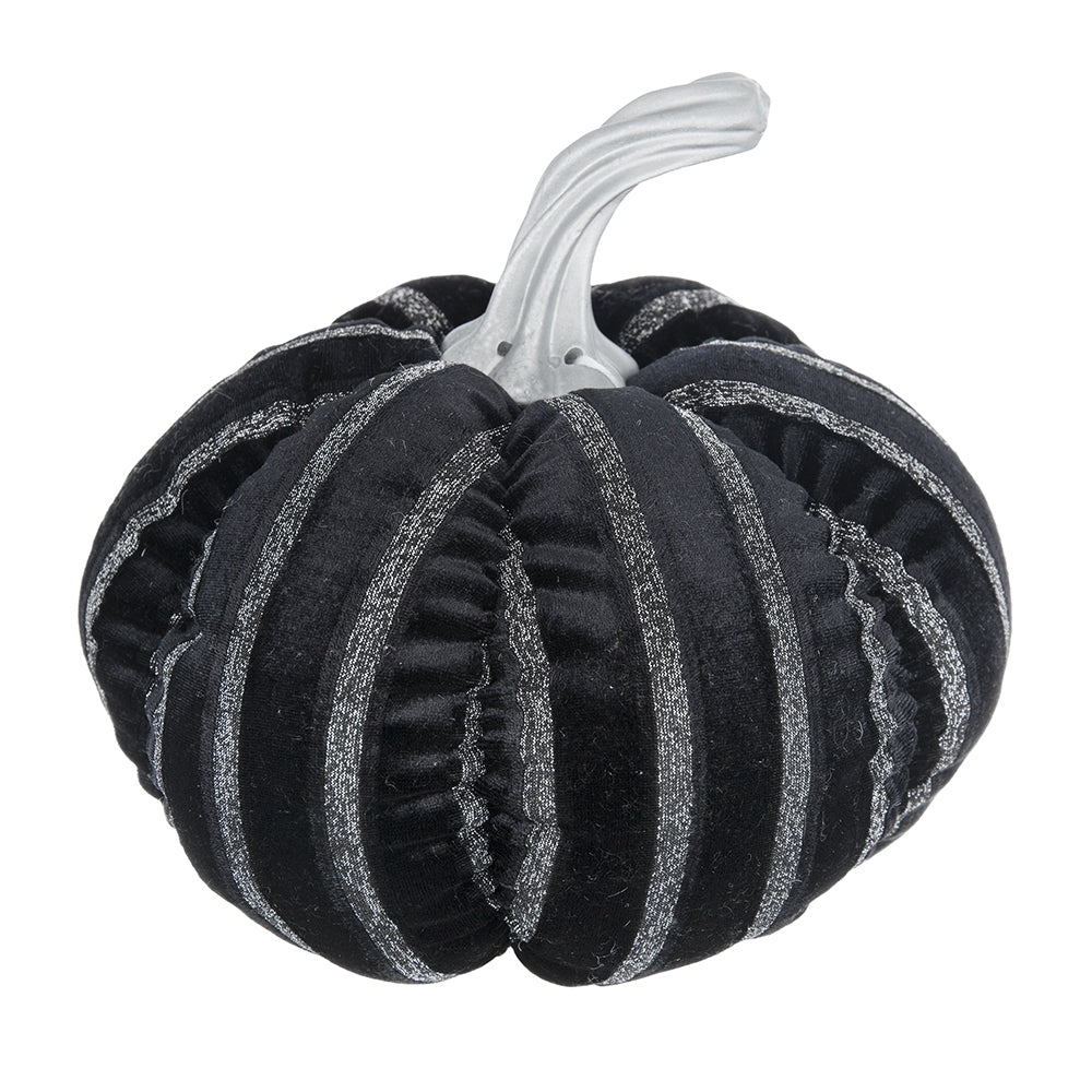 Black velvet pumpkin with silver glitter stripes and metallic stem great for Halloween decor