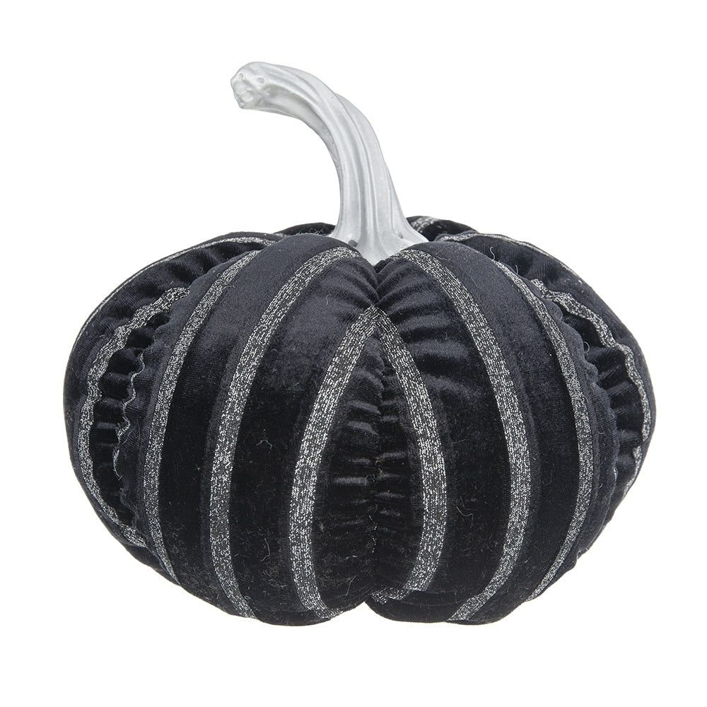 Black velvet pumpkin with silver striped accents and a pale silver stem