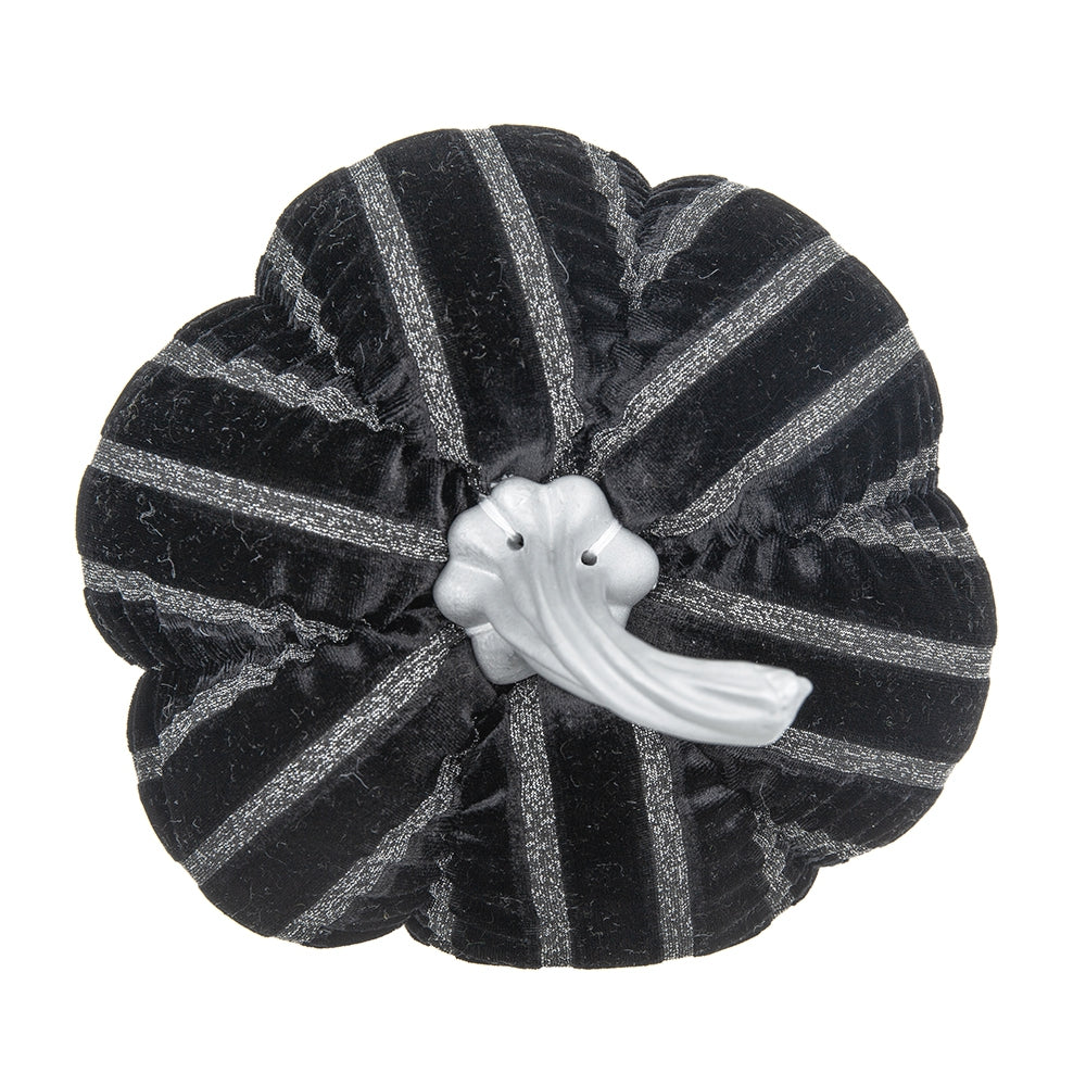 Black velvet pumpkin with silver stripes and a silver stem seasonal decor