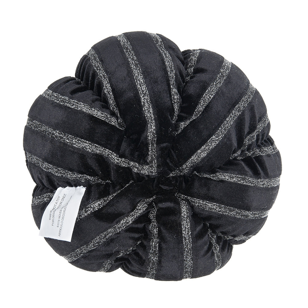 Black velvet pumpkin decorative accent with silver stripes and a small tag