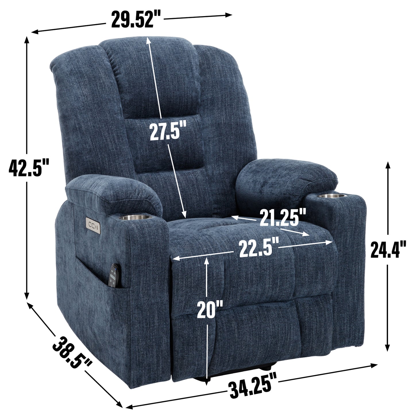 Dark blue fabric power recliner with plush cushioning armrest cup holder and side pocket