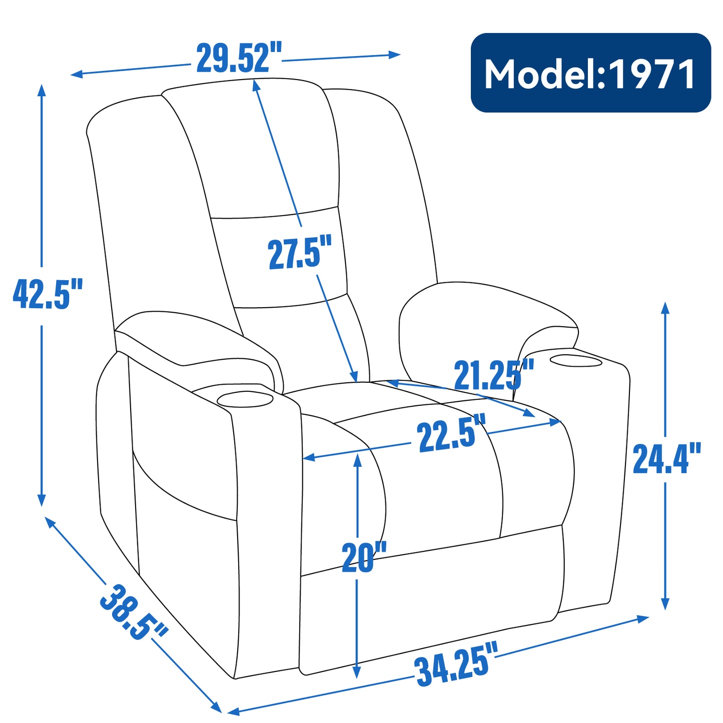 Line drawing of recliner chair model with dimensions shown for height width and depth