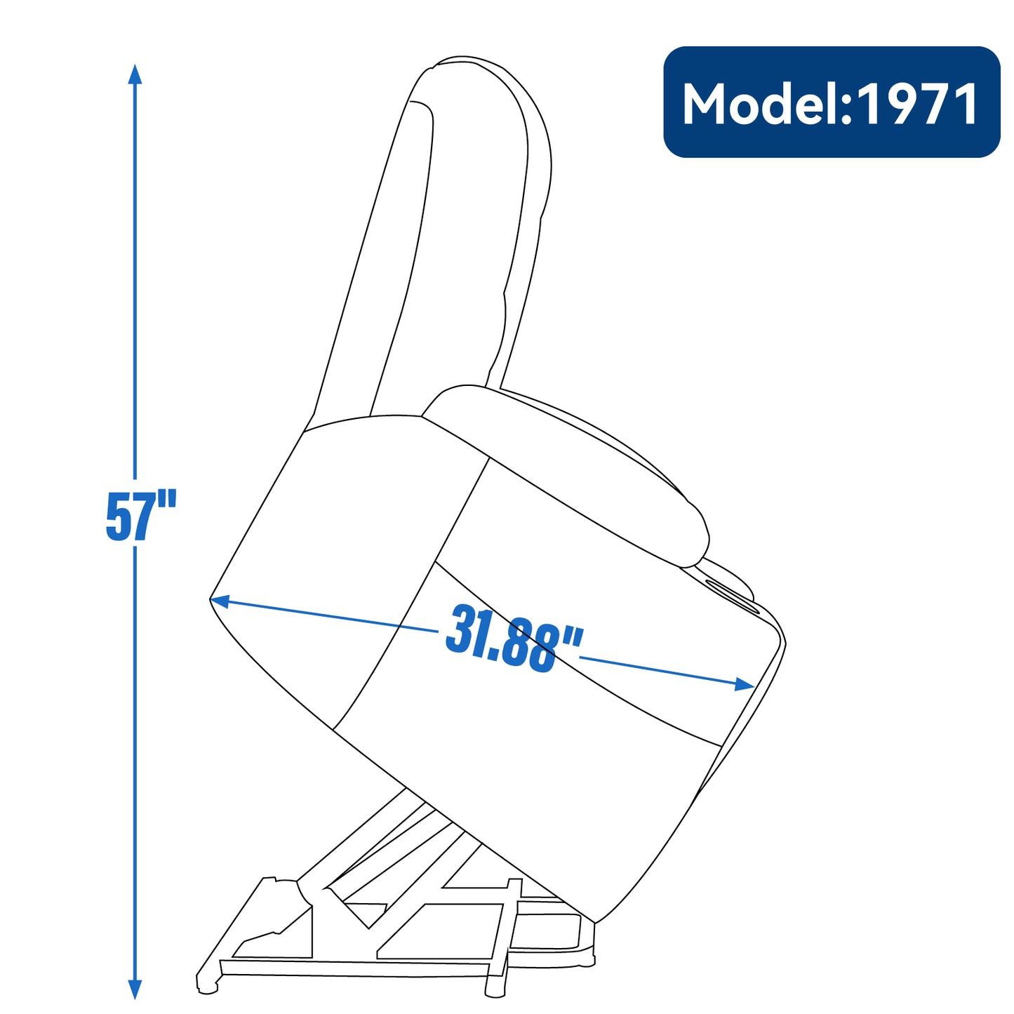 Line drawing of Model power recliner chair with height inches and width inches