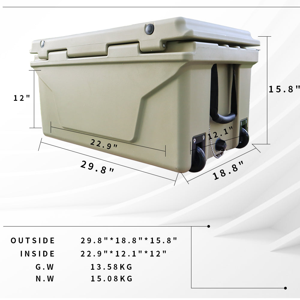 Tan hard cooler with wheels and dimensions L x W x H
