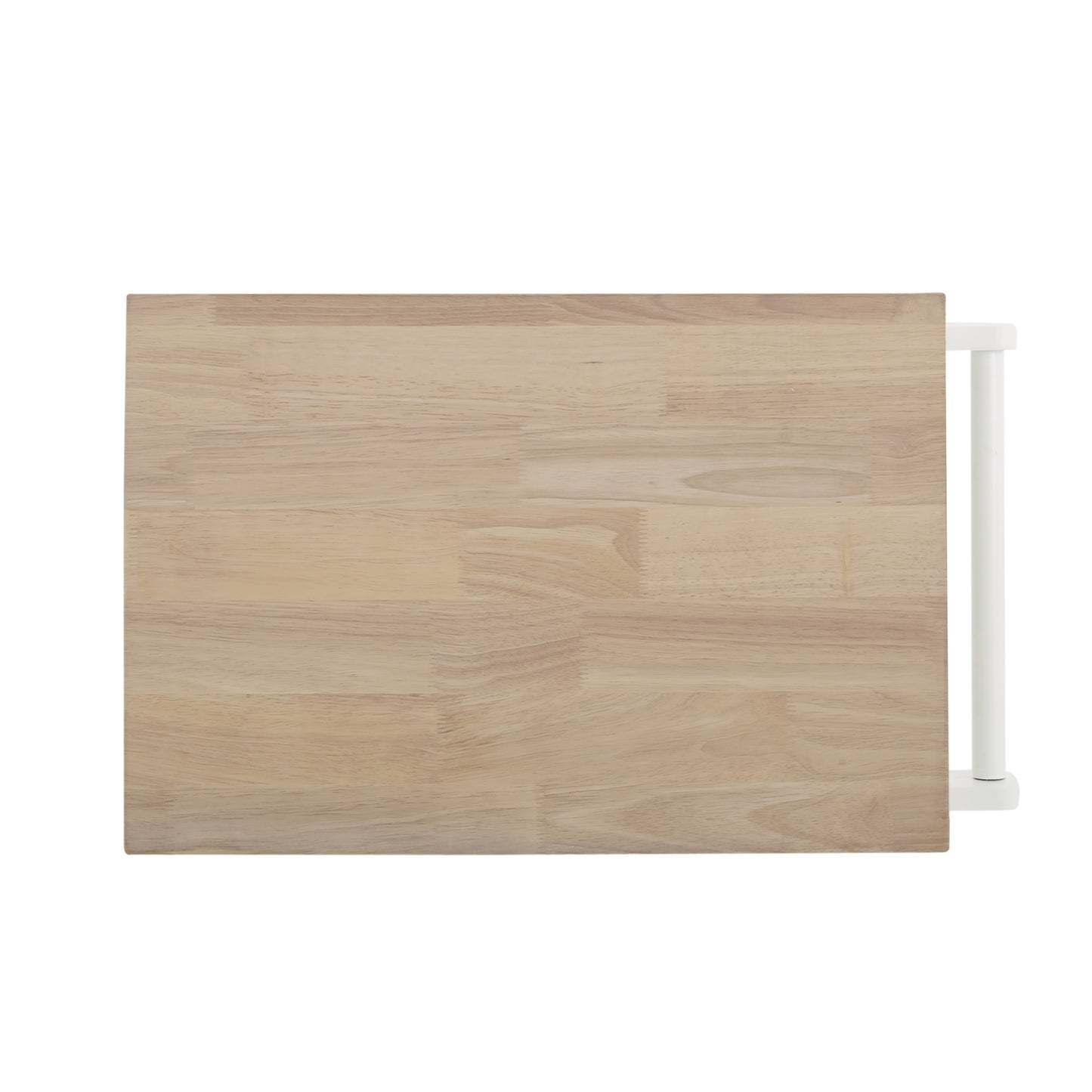 Butcher block countertop with white metal support legs