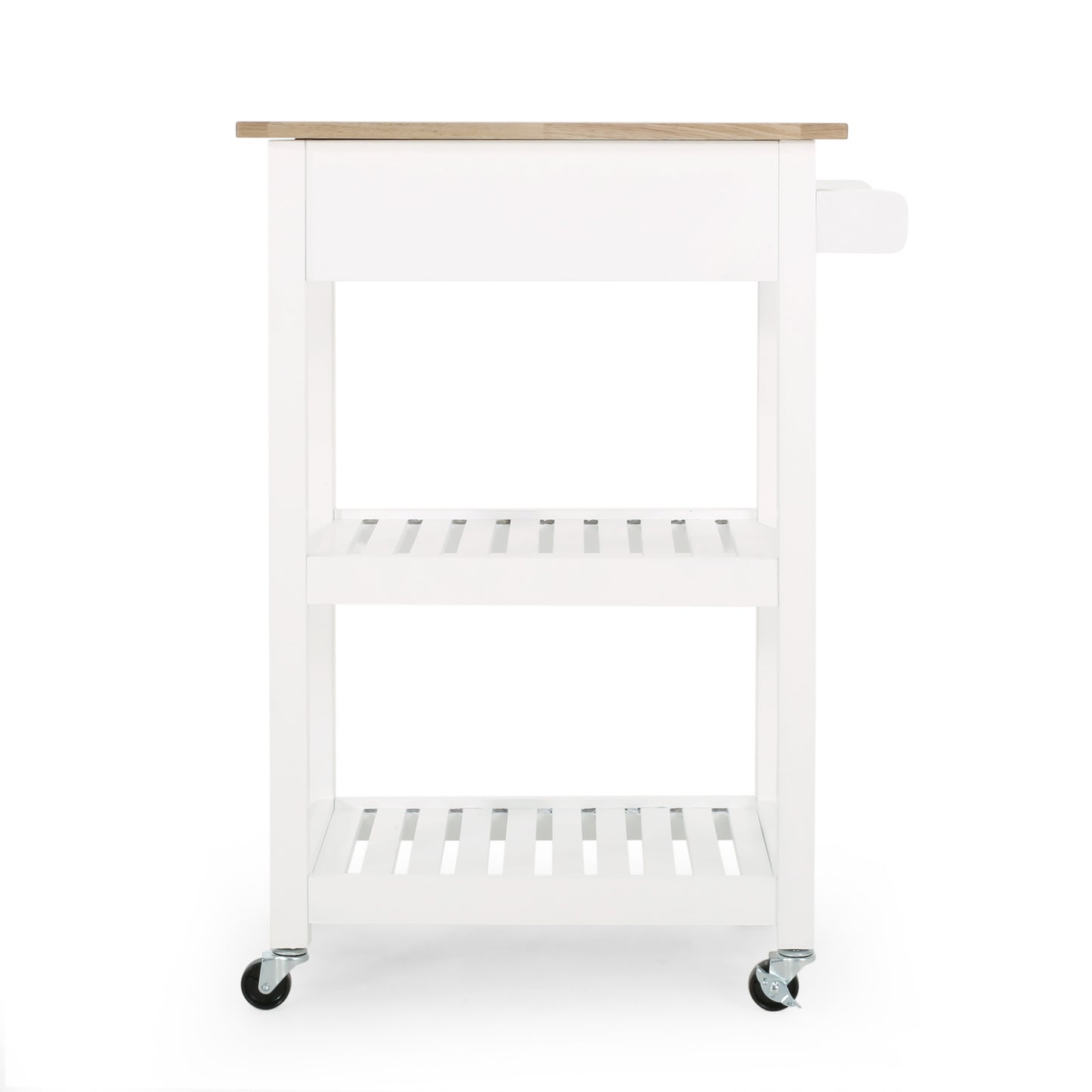 White kitchen cart with wooden top and slatted shelves