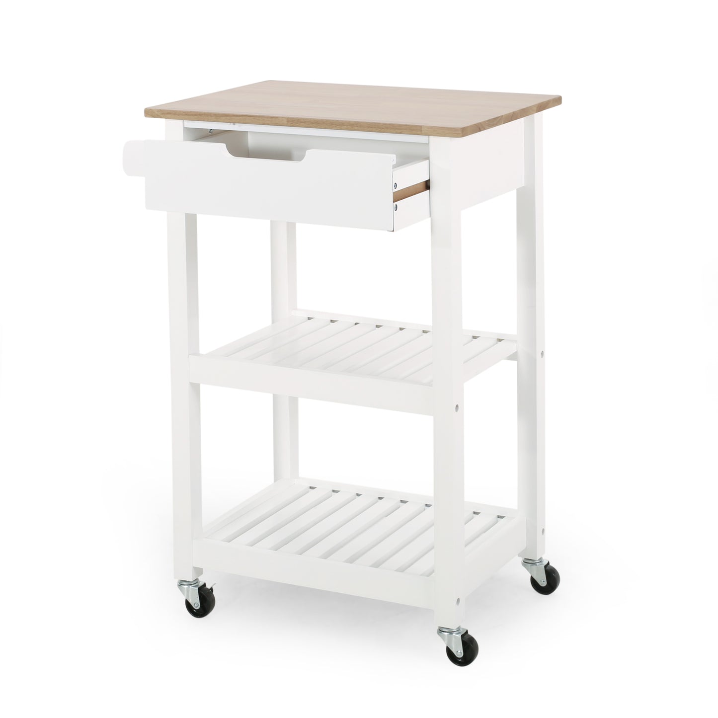 White kitchen cart with a light wood top and open drawer