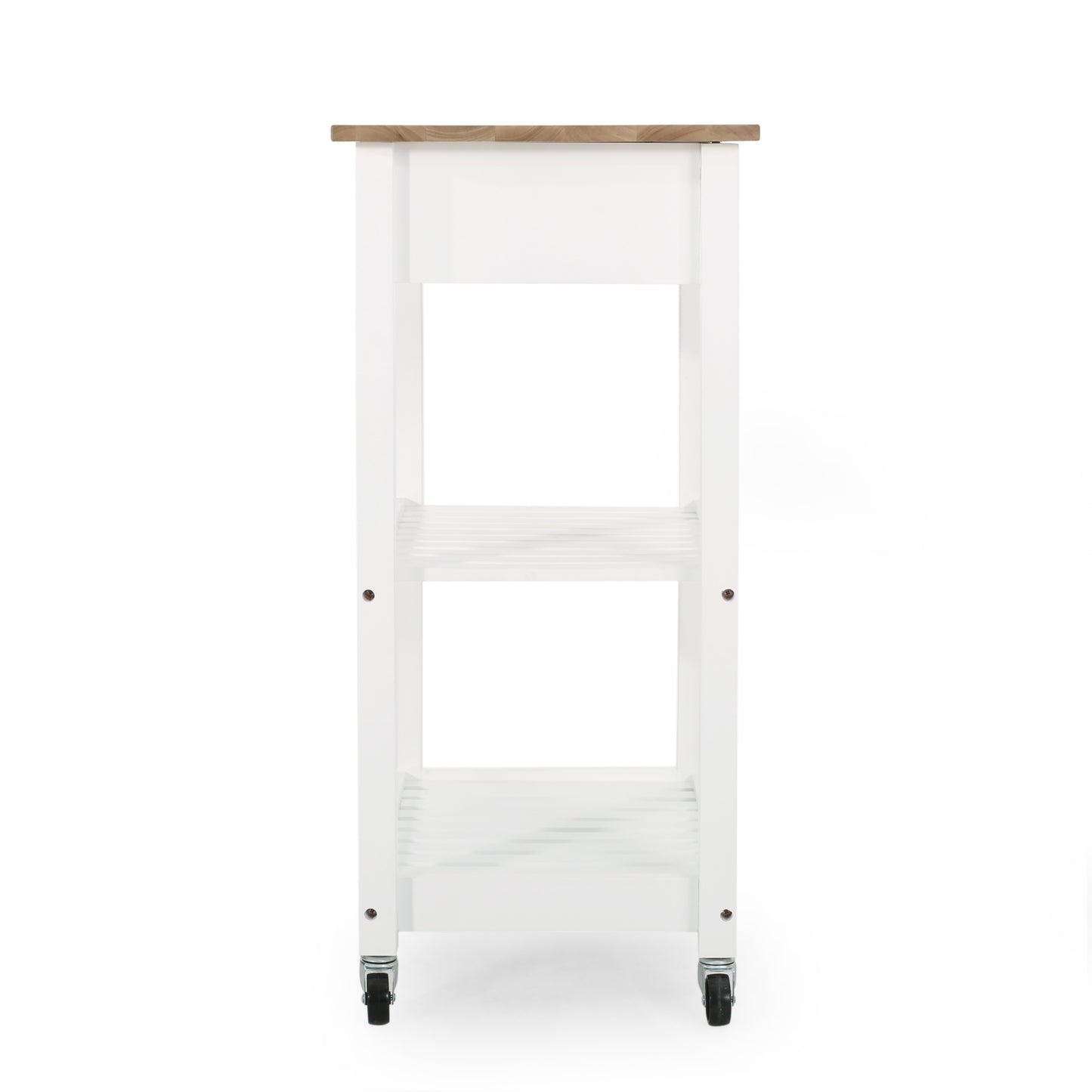 White kitchen cart with two shelves and wooden top