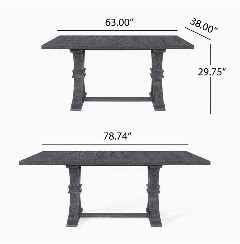 Dark gray rustic dining table with trestle base L x W x H