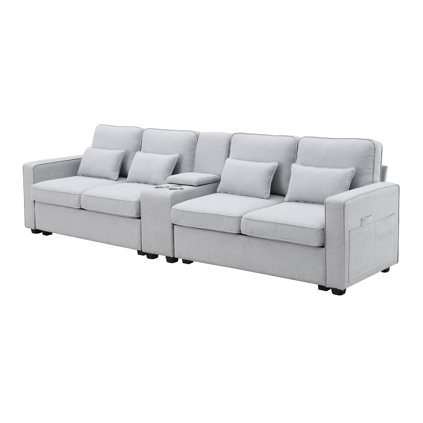 Modern grey fabric sectional sofa with builtin cup holders and storage pockets