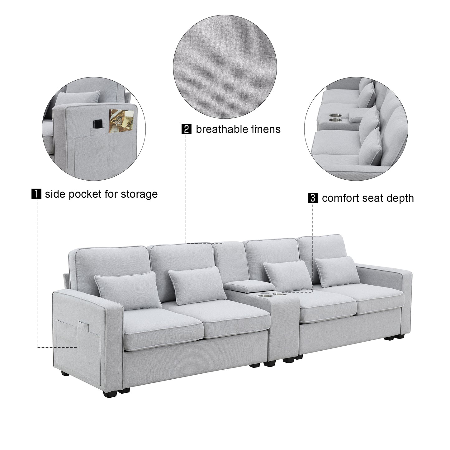 Light gray sofa with side pocket for storage and cup holders
