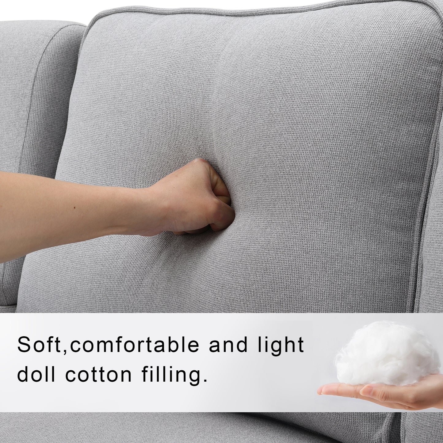 Closeup of a hand pressing into a soft gray sofa cushion highlighting plush doll cotton filling