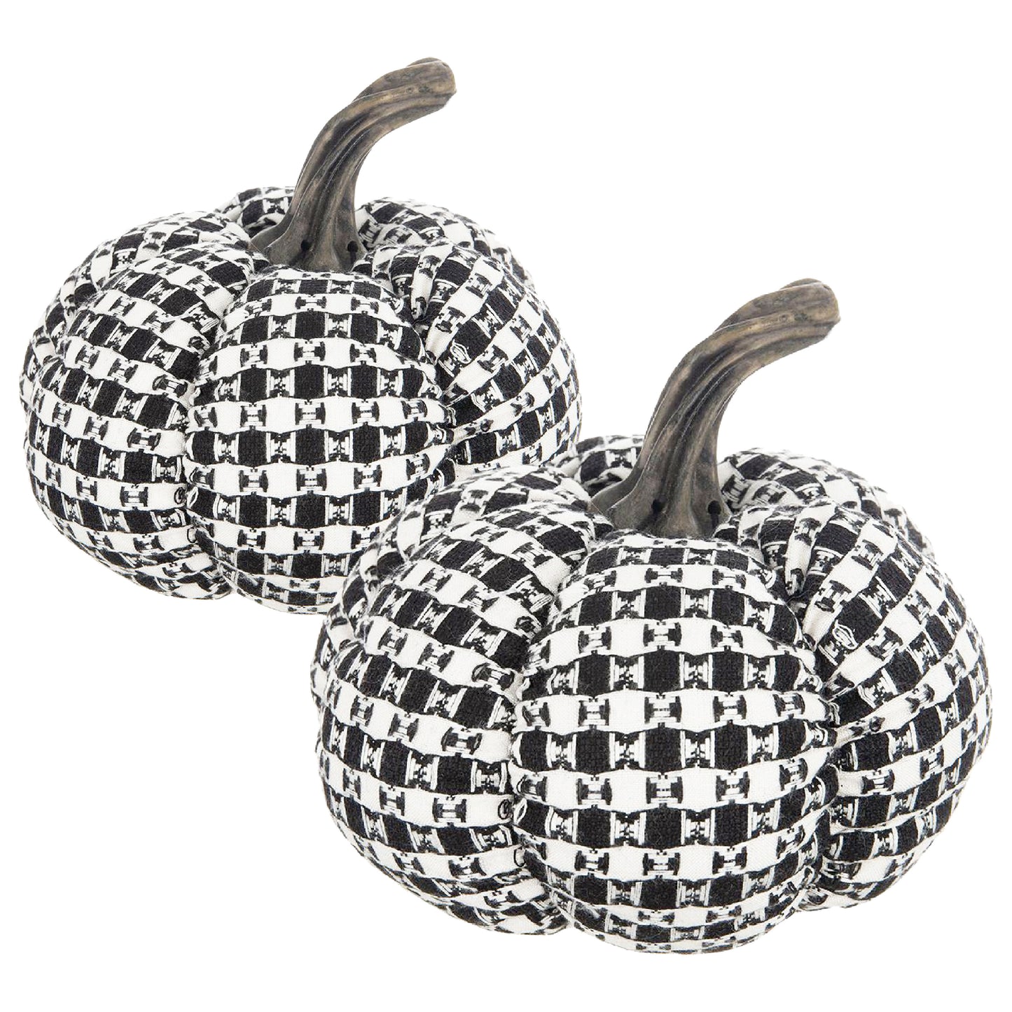 Two fabric pumpkins with black and white checkerboard pattern and brown stems