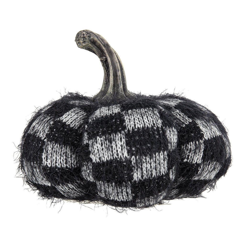 Textured black and white checkered knit pumpkin with a metallic stem