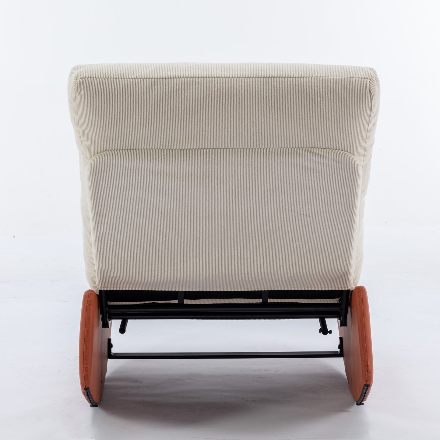 Beige corduroy recliner chair with brown leather accents and black metal base