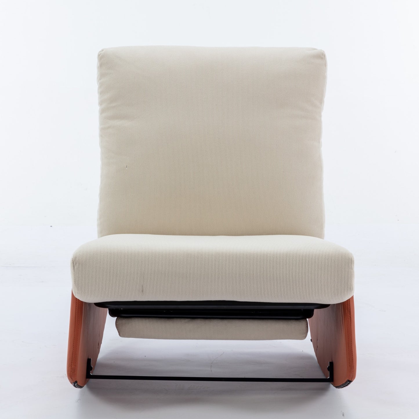 Beige corduroy recliner chair with woodeffect sides and black metal frame
