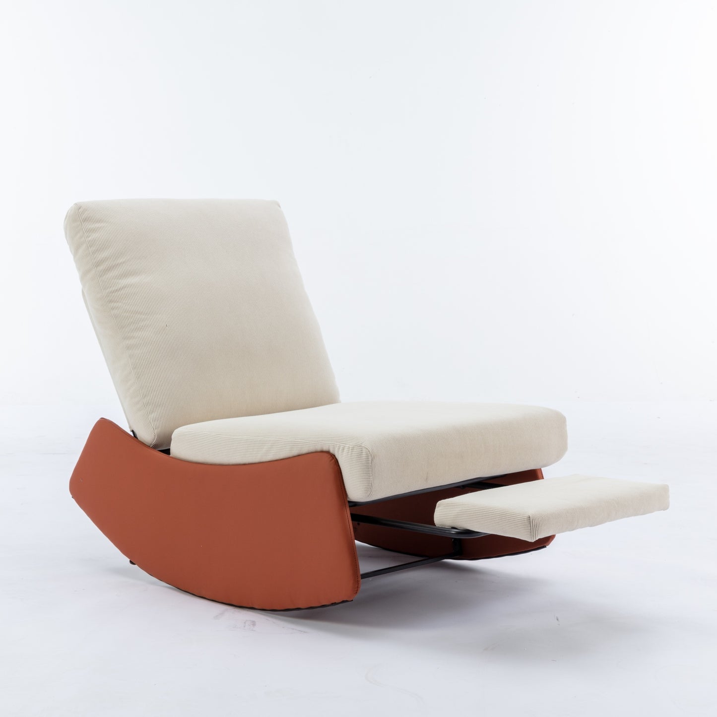 Modern corduroy rocking chair with beige cushions and rustcolored base