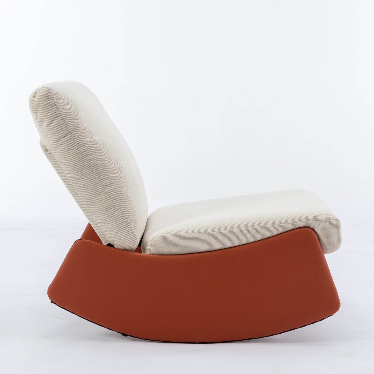 Modern rocking chair with cream corduroy cushions and an orange base
