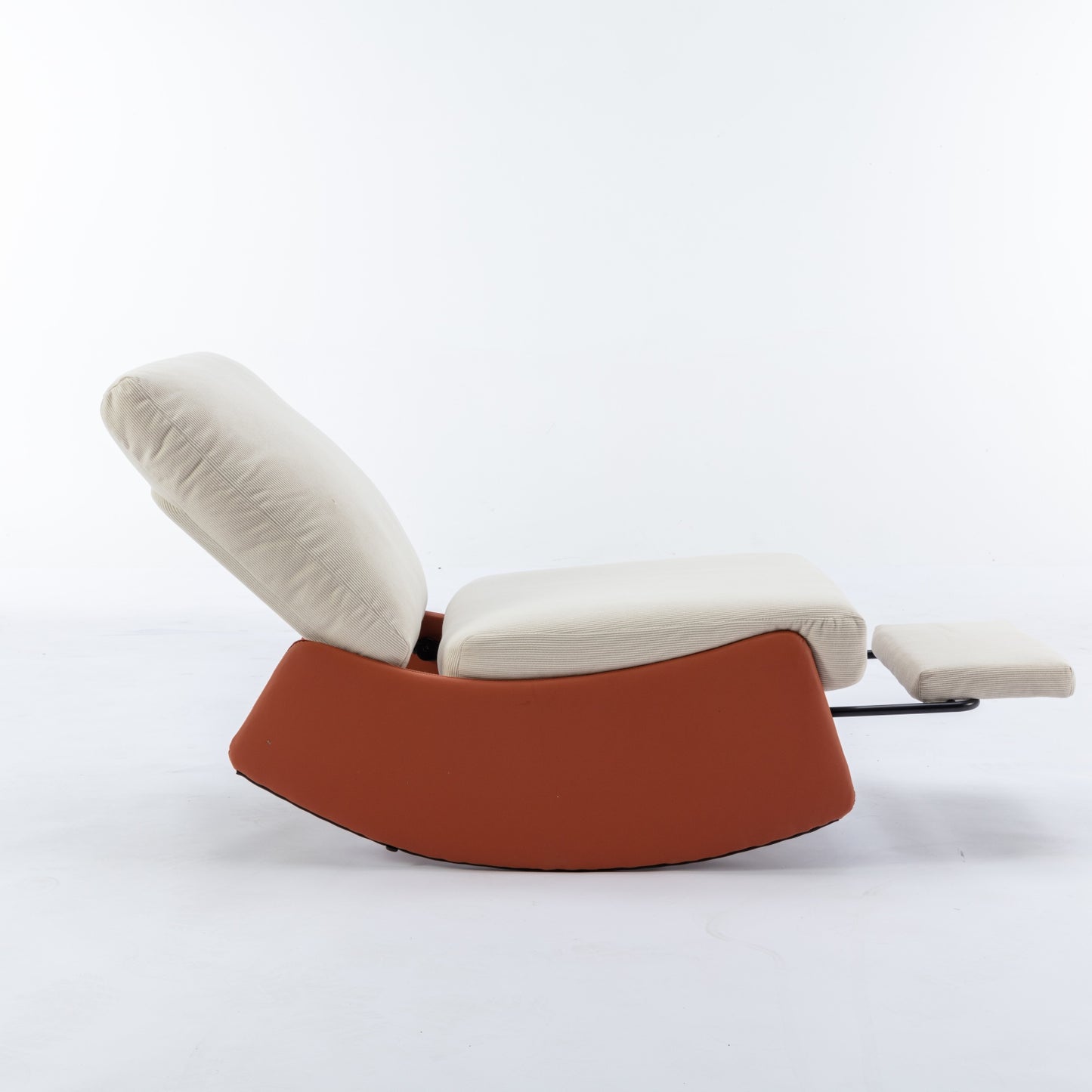 Modern recliner chair with tan corduroy cushions and orange base