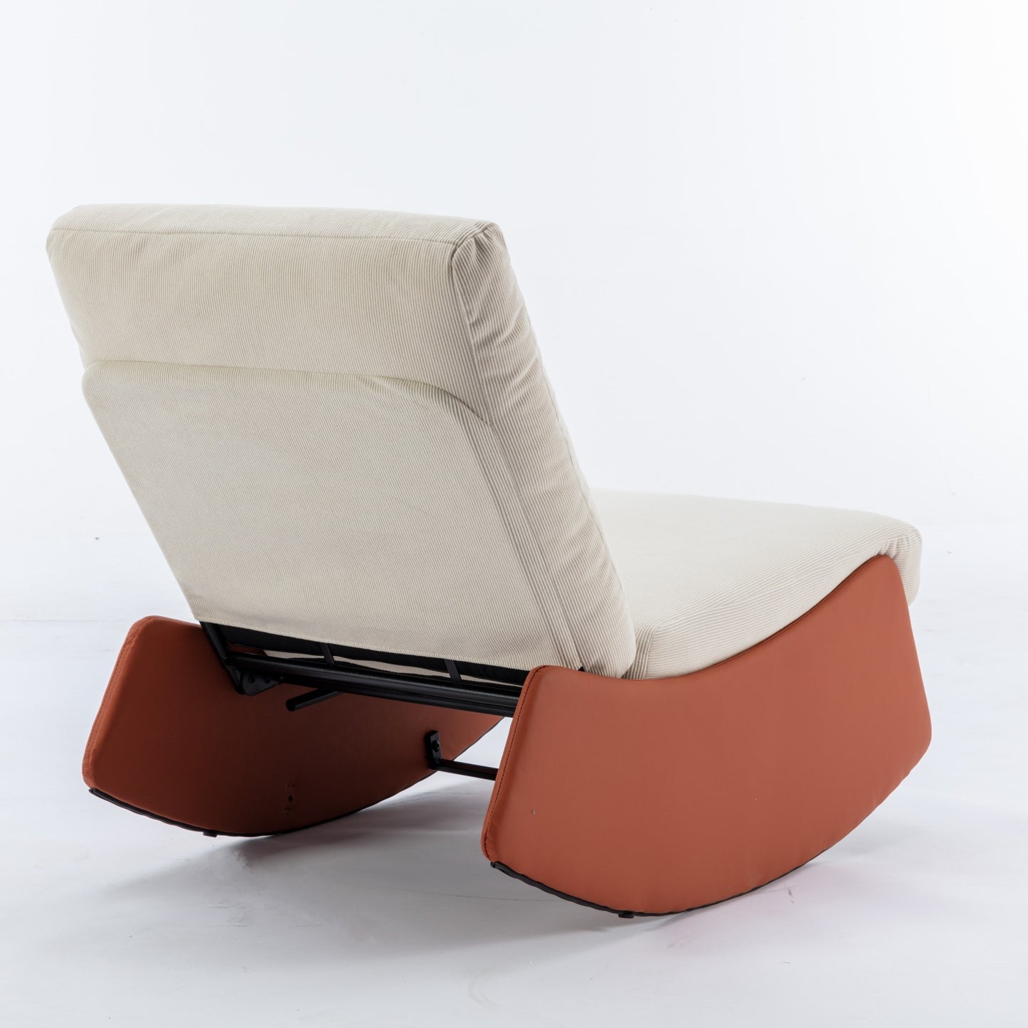 Beige corduroy fabric rocking chair with burnt orange leather base from the back