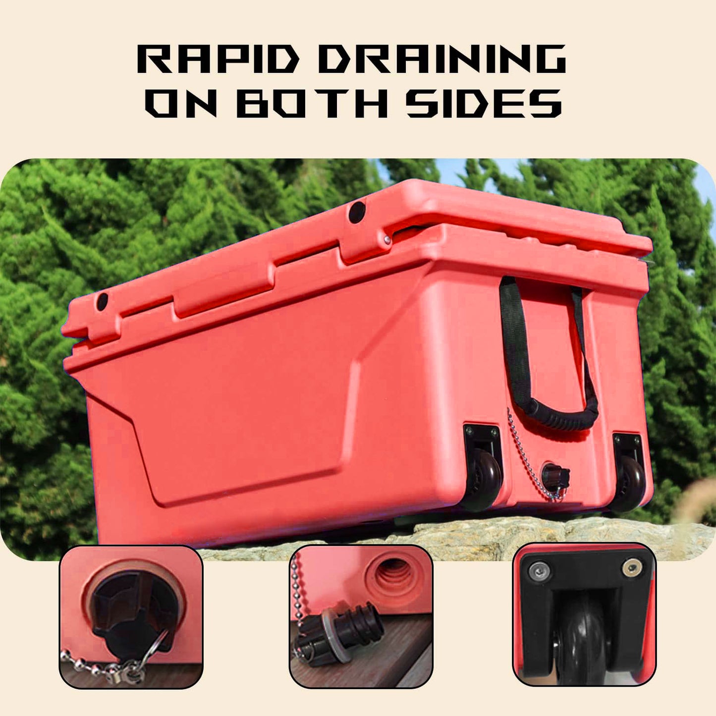 Red durable cooler with wheels and rapid drain plug