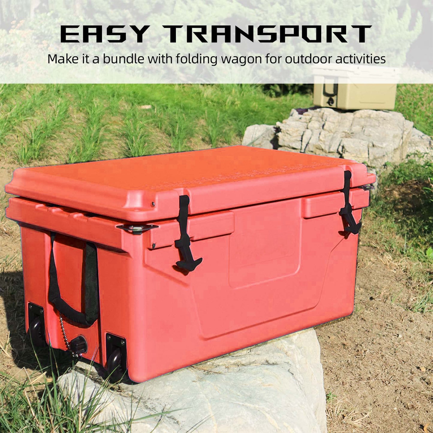 Coral rotomolded cooler with wheels and black latches perfect for camping
