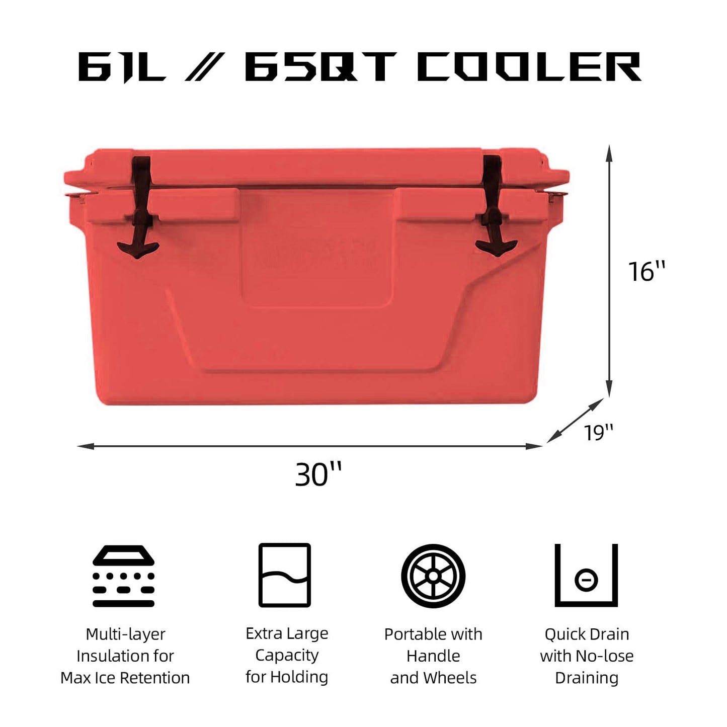 Red quart cooler with reinforced latches and integrated drain plug for outdoor use