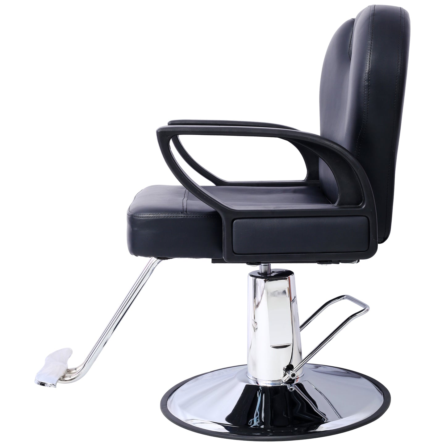 Black leather barber chair with chrome hydraulic base and footrest