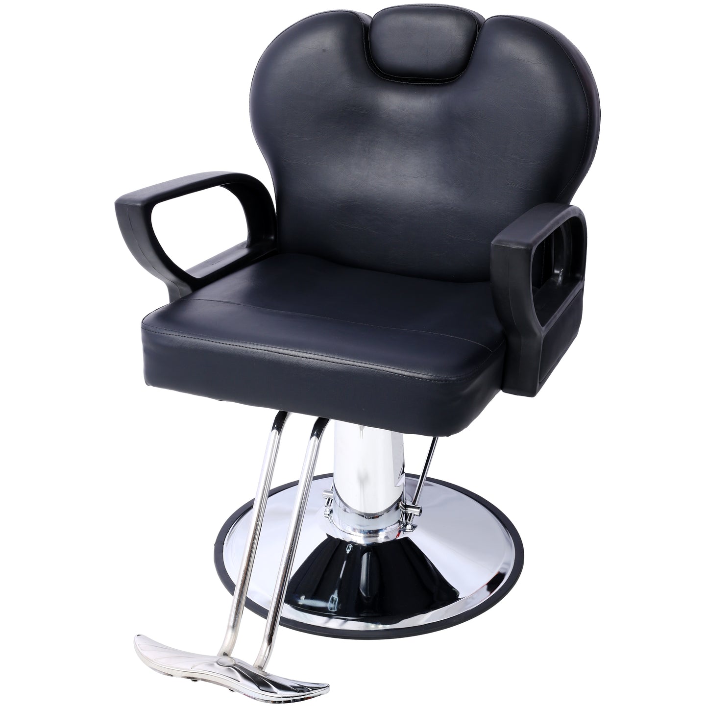 Black hydraulic salon chair with chrome base and footrest
