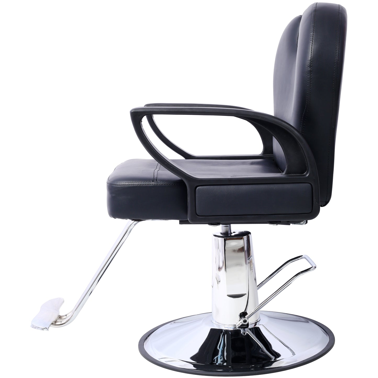 Black hydraulic barber chair with adjustable footrest and chrome base