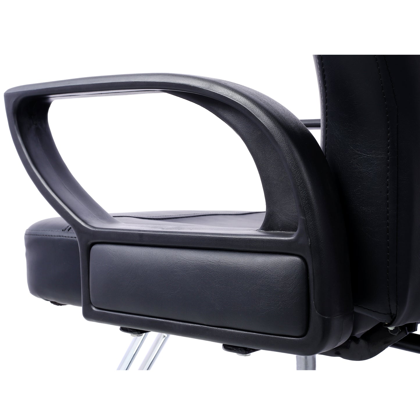 Black faux leather armchair armrest and padded seat detail