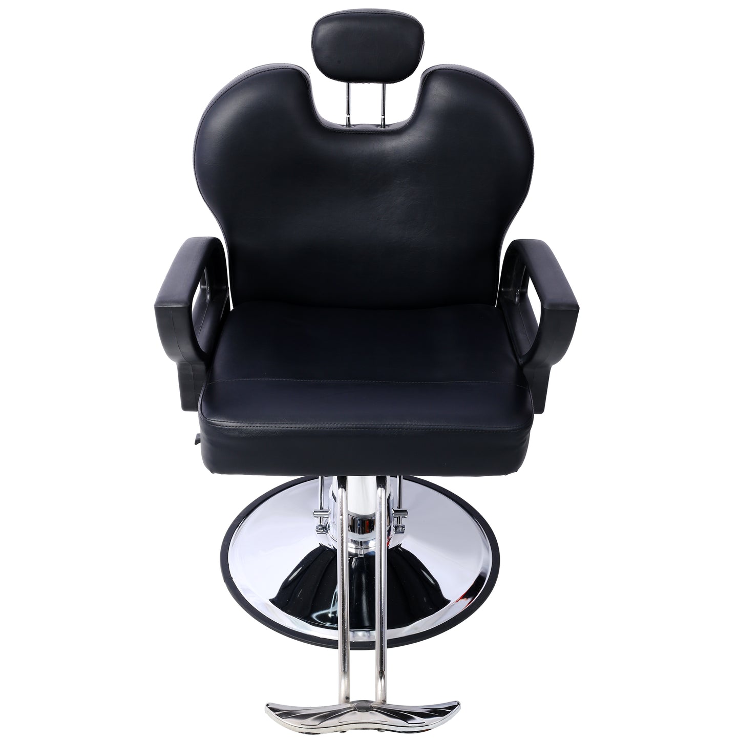 Black leather salon barber chair with adjustable headrest and chrome base