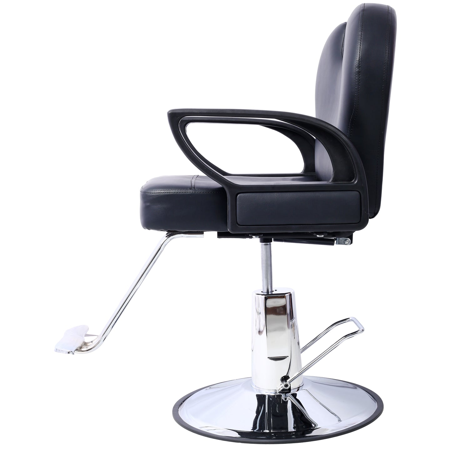Black hydraulic barber chair with chrome base and adjustable footrest
