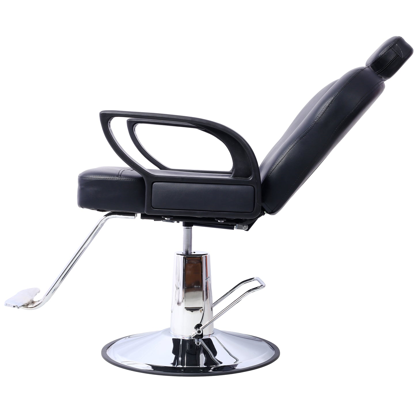 Black hydraulic barber chair with reclining back and chrome footrest for salon use