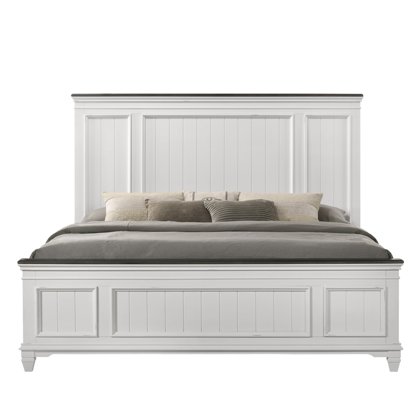 White panel headboard bed frame with dark wood top accent and grey bedding