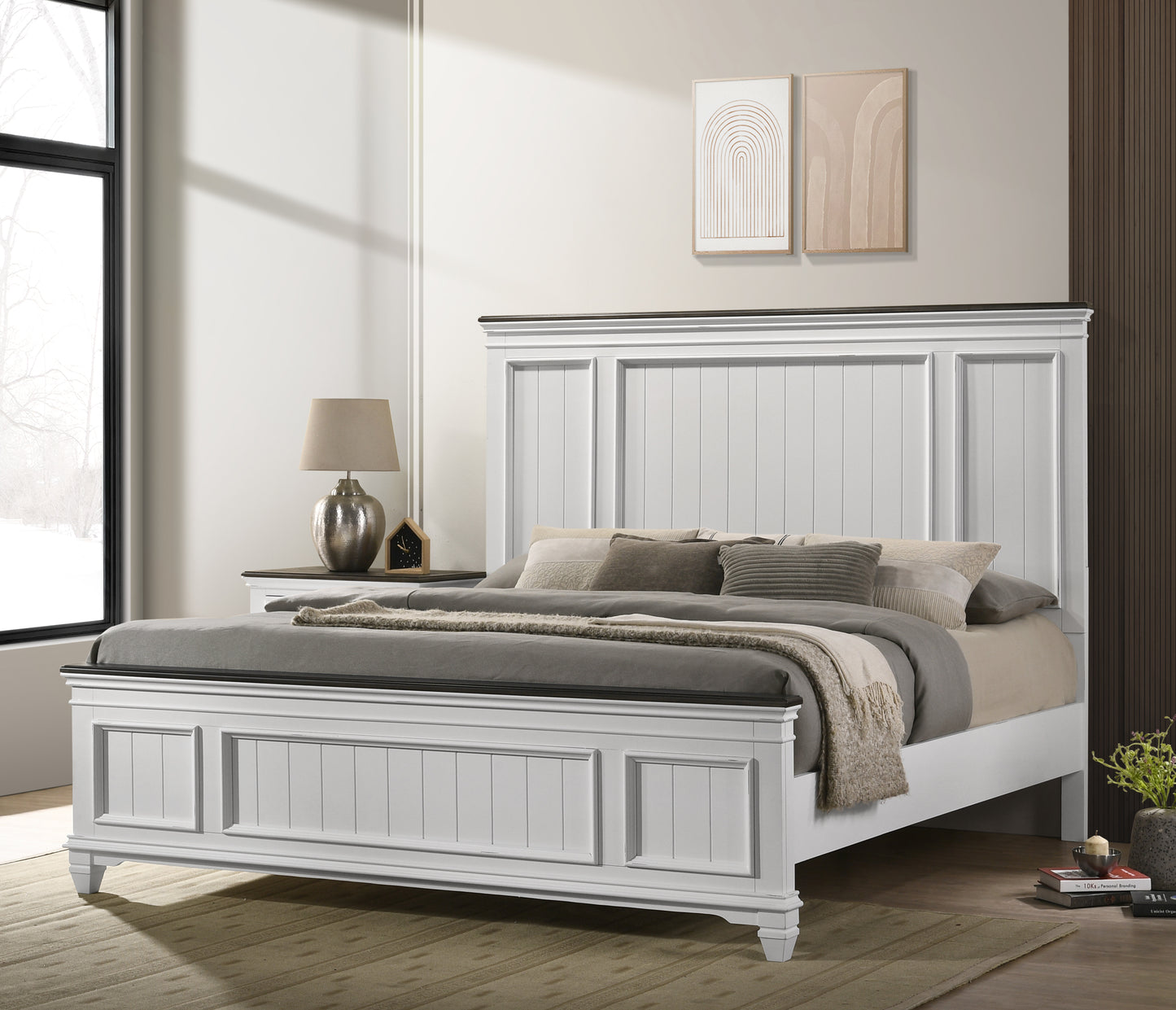 White wooden paneled king bed frame with dark wood accents