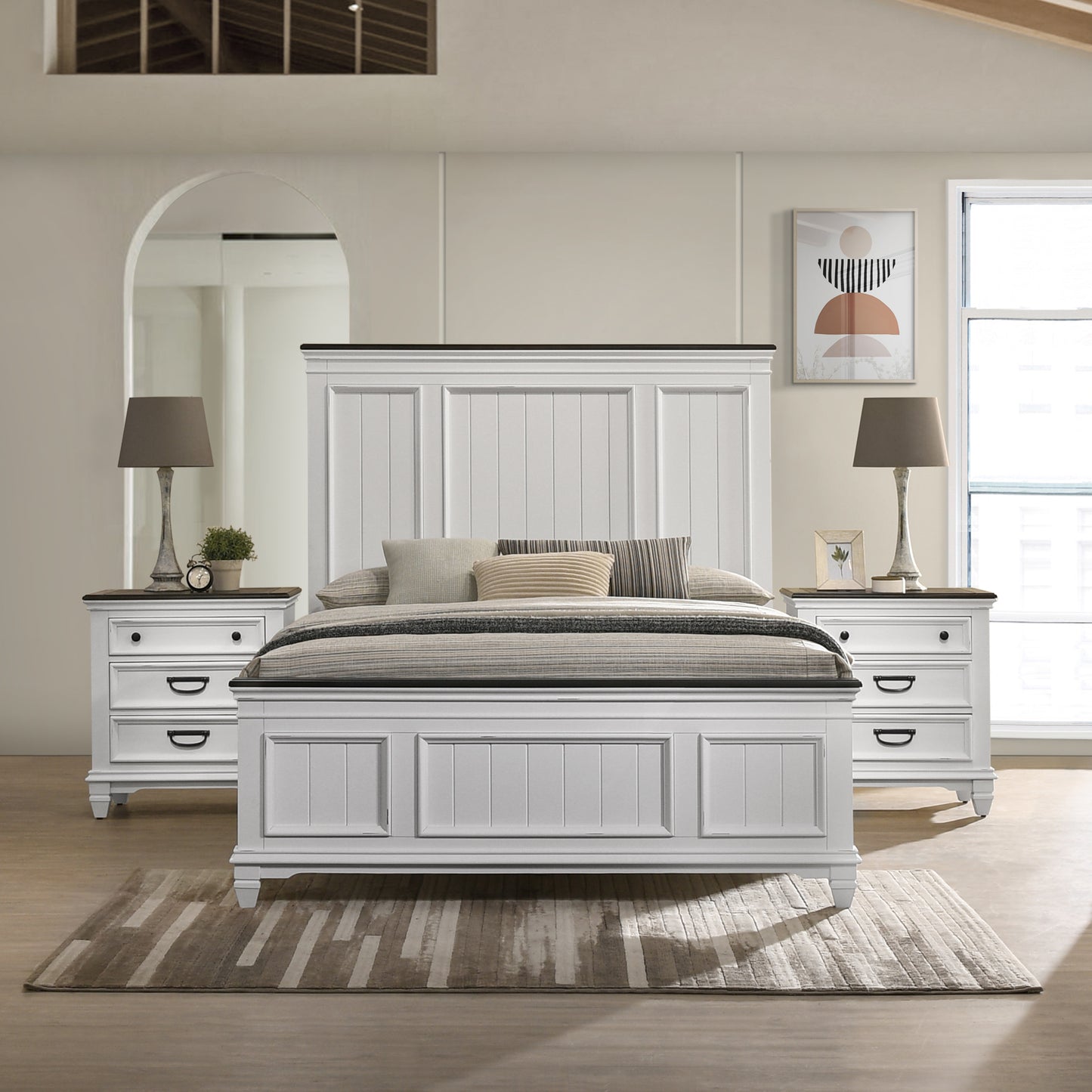 White paneled king bed frame with dark accents