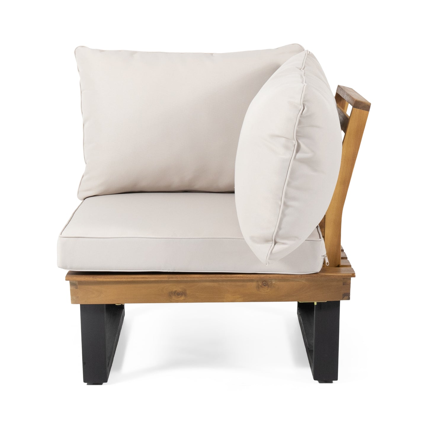 Corner outdoor sofa in wood with cream cushions modern design