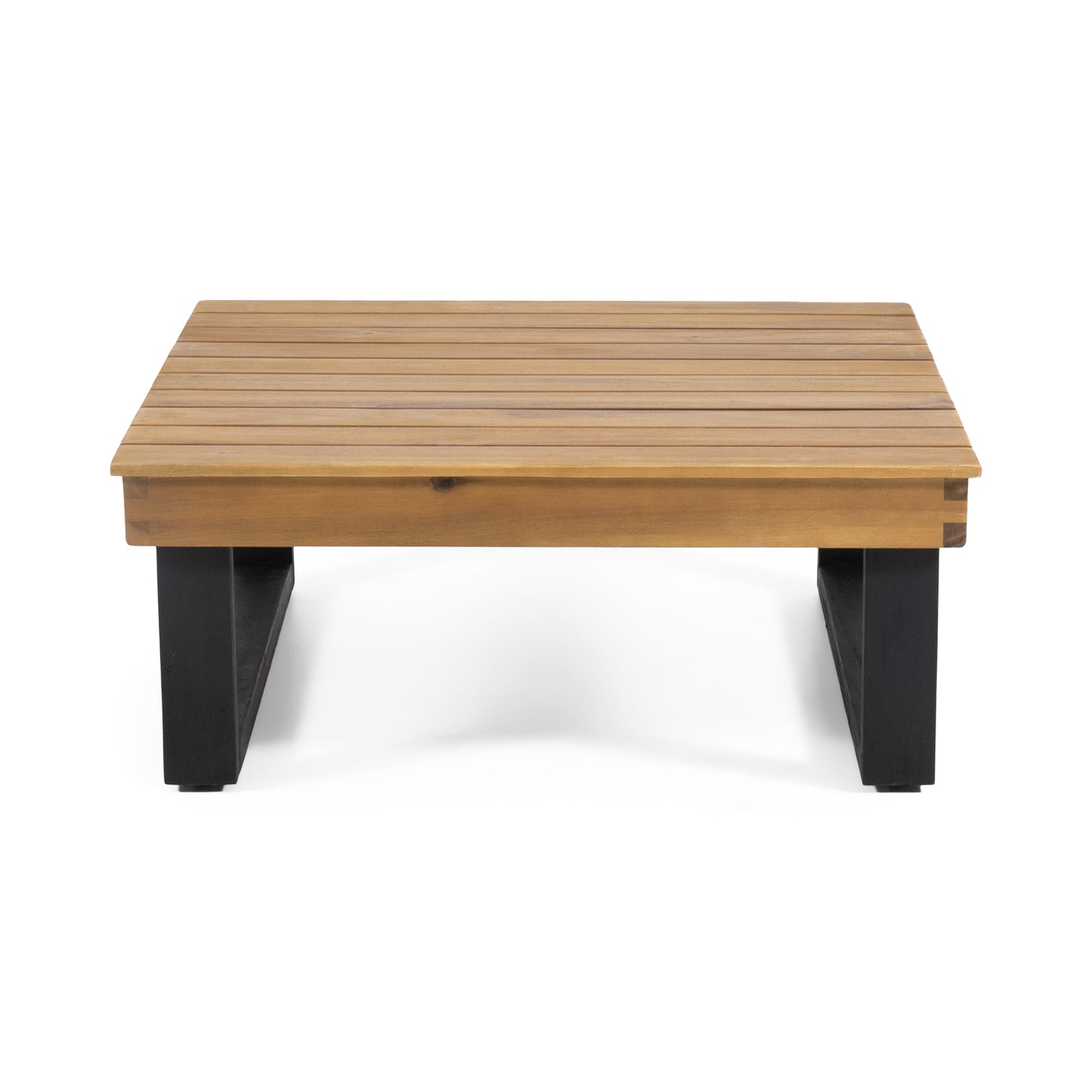 Wooden slat top coffee table with black metal legs for outdoor seating