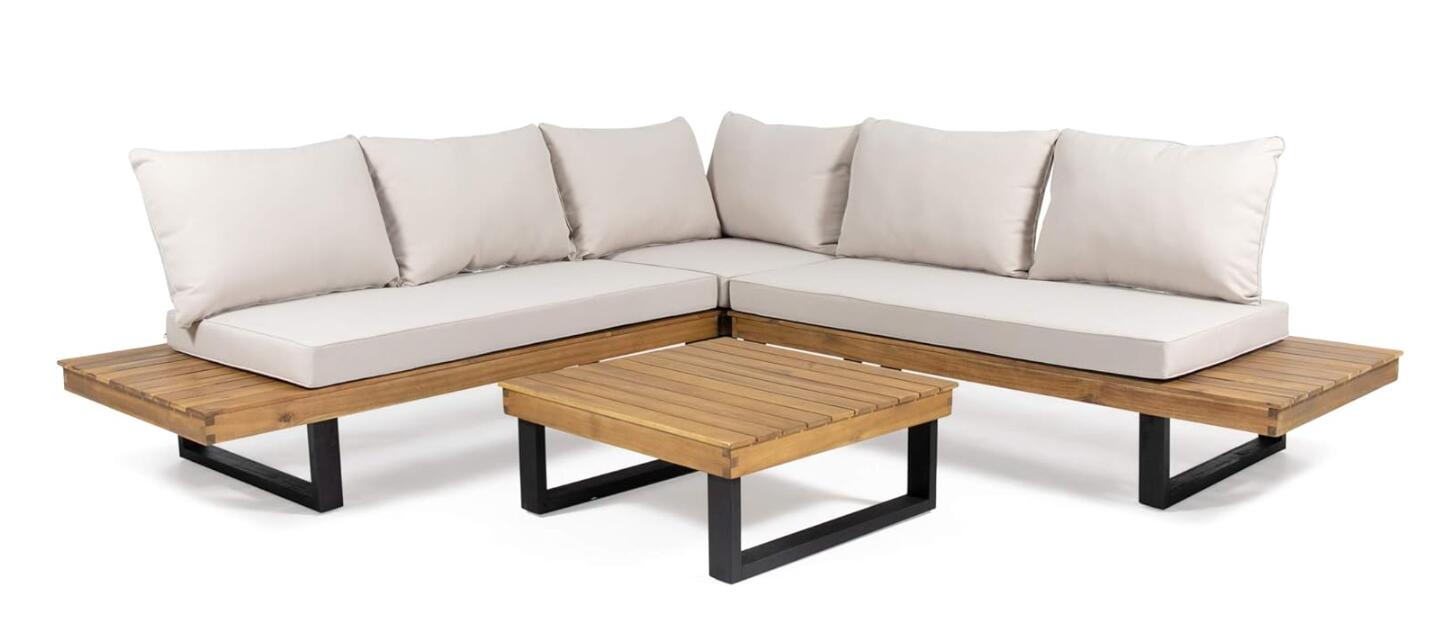Modern wooden sectional outdoor sofa with cream cushions and a slatted wood coffee table