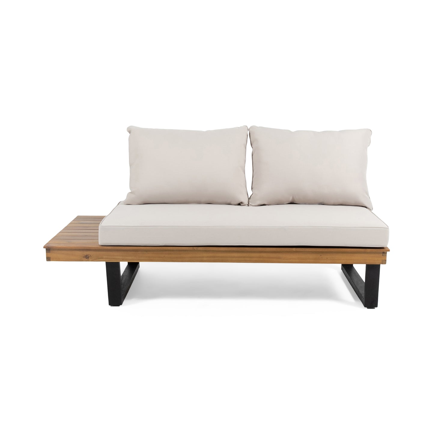 Modern wooden outdoor sofa with cream cushions and side table