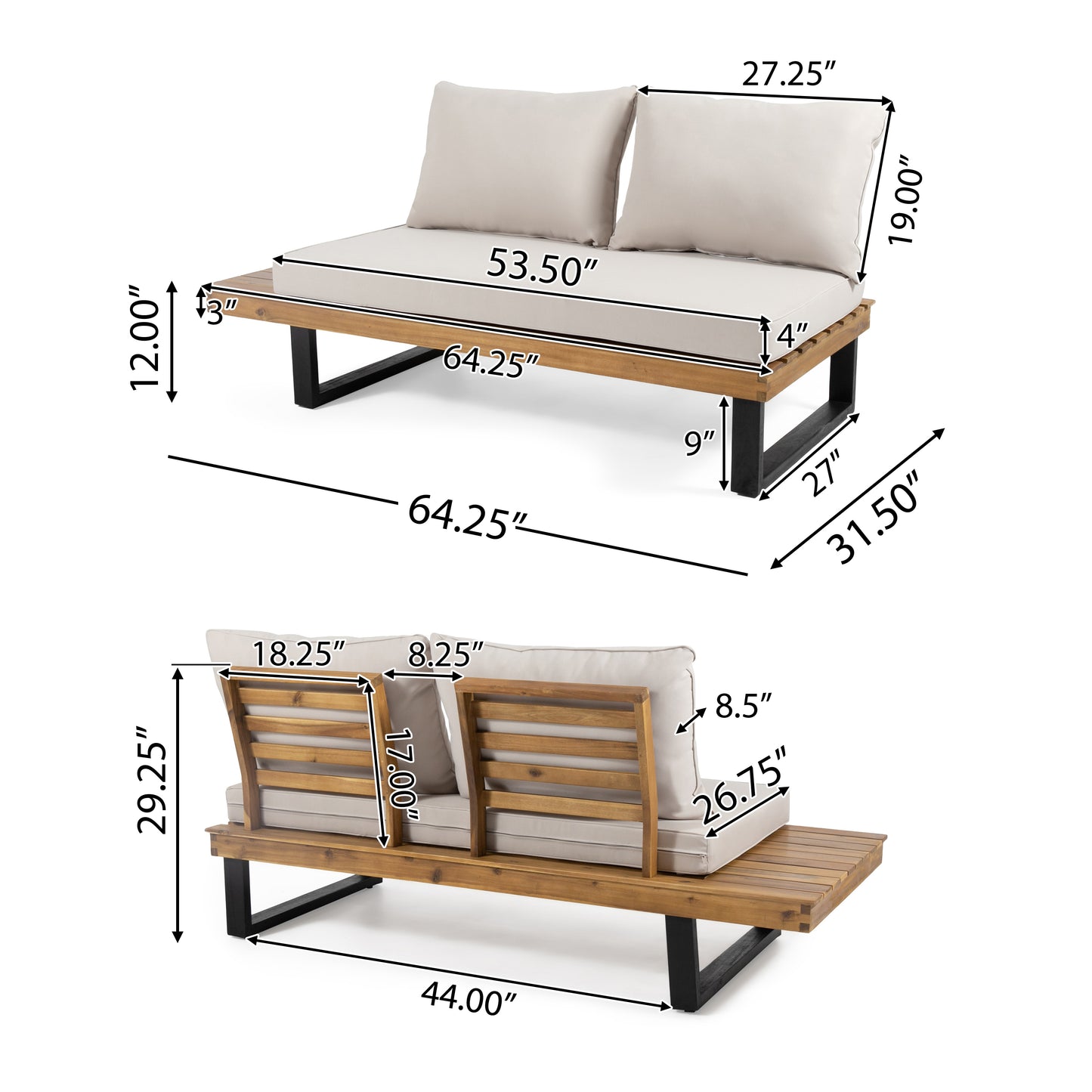 Wooden outdoor loveseat with beige cushions and black metal legs Dimensions shown