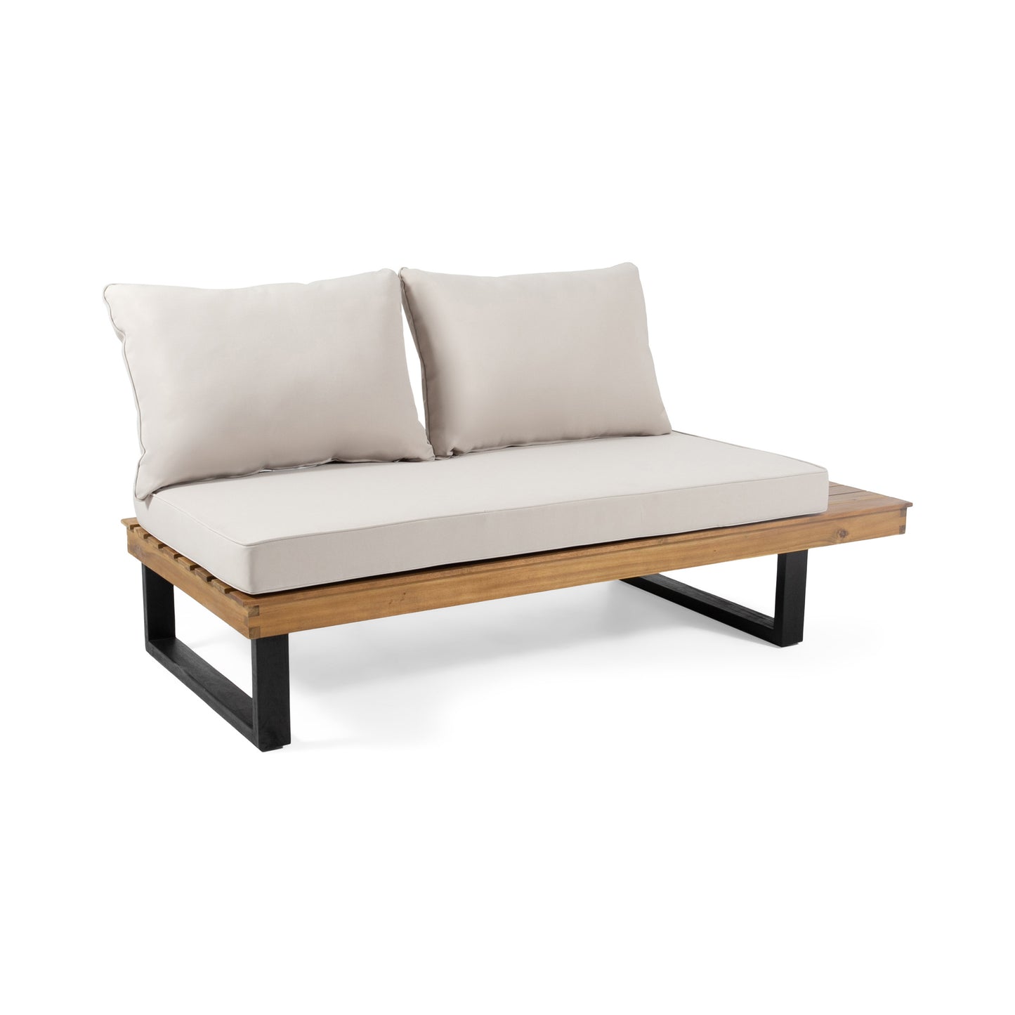 Modern outdoor loveseat with acacia wood frame beige cushions and black metal legs