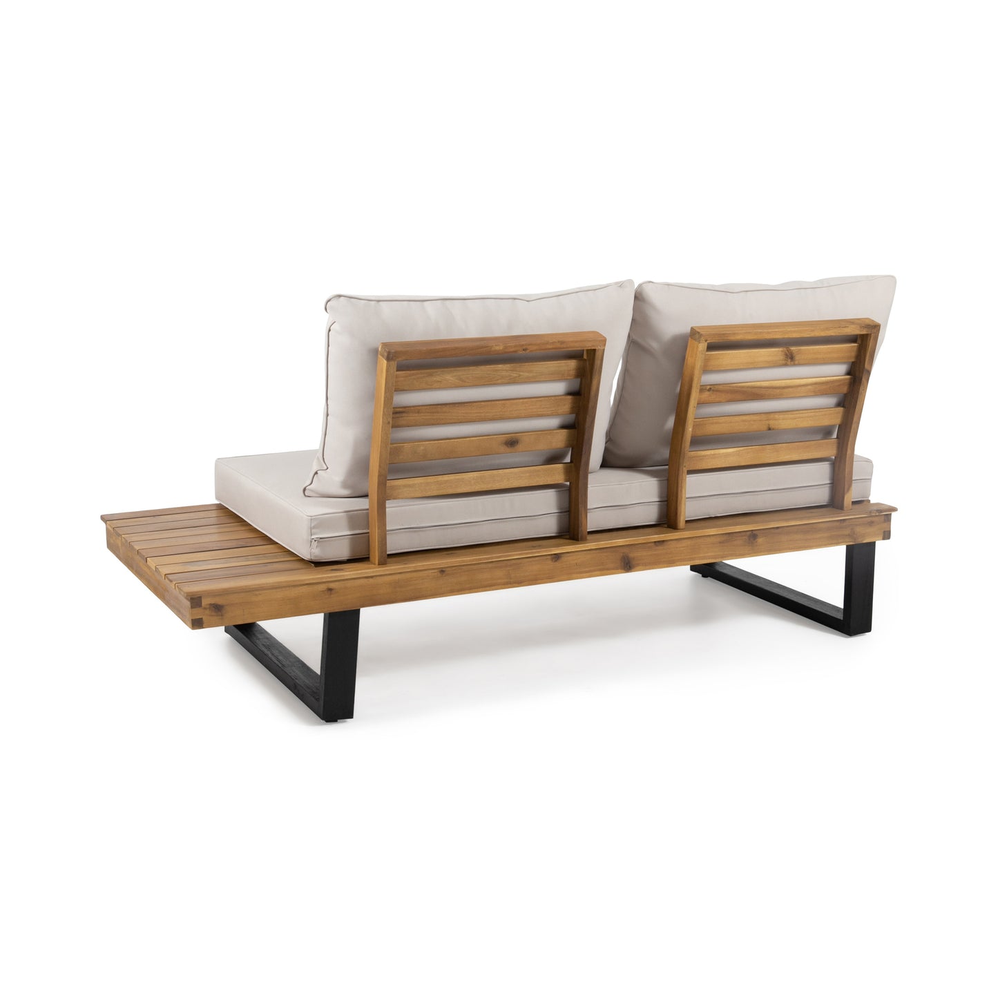 Modern acacia wood outdoor sofa with beige cushions and black metal legs