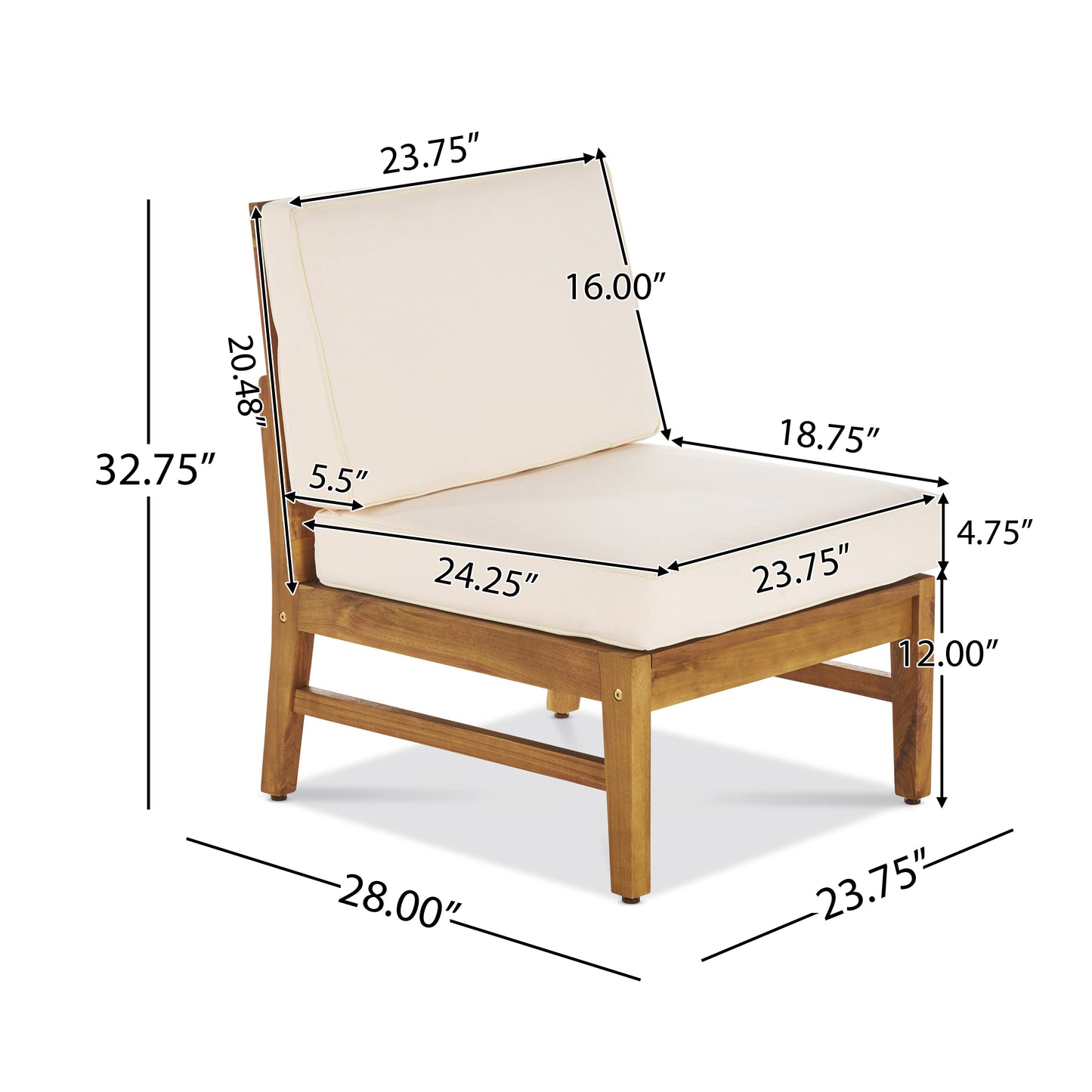 Armless outdoor accent chair with cream cushions and natural wood frame