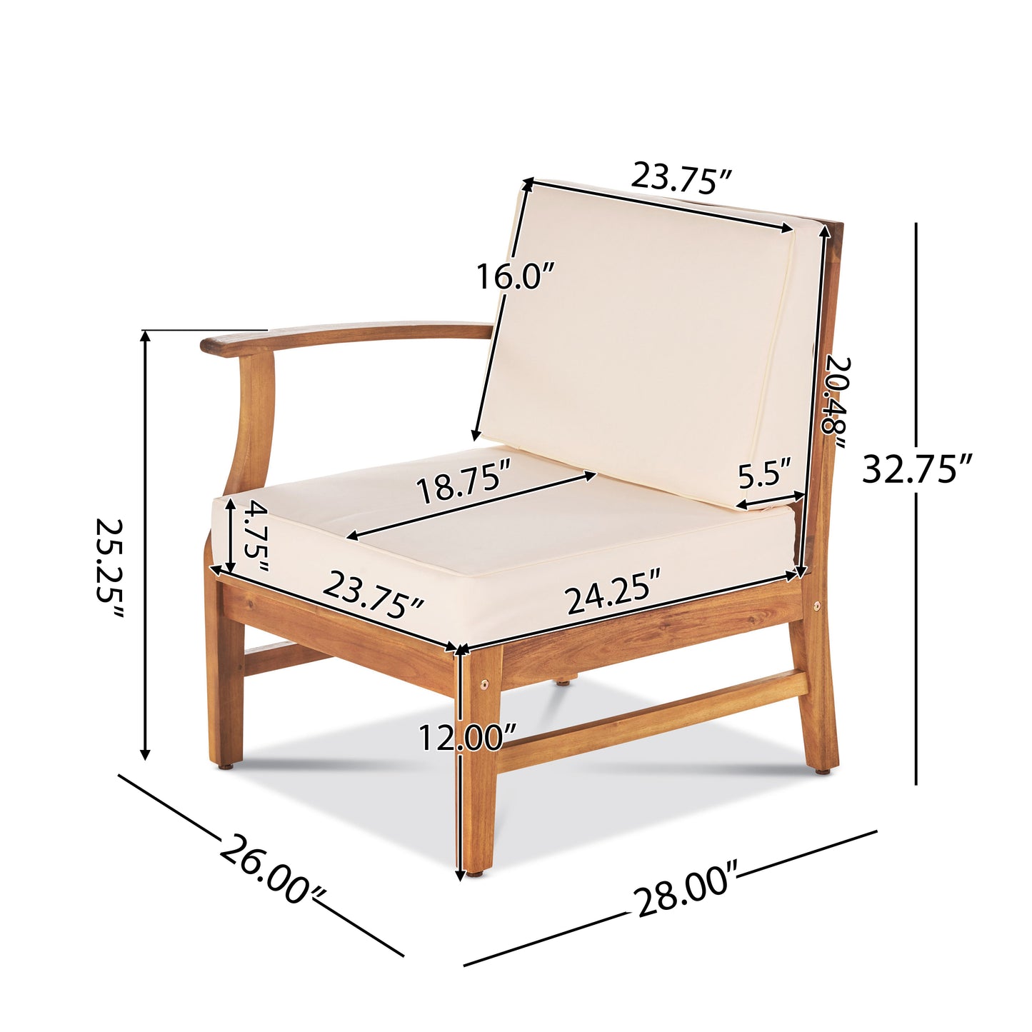 Acacia wood patio armchair with cream cushions ideal for outdoor seating