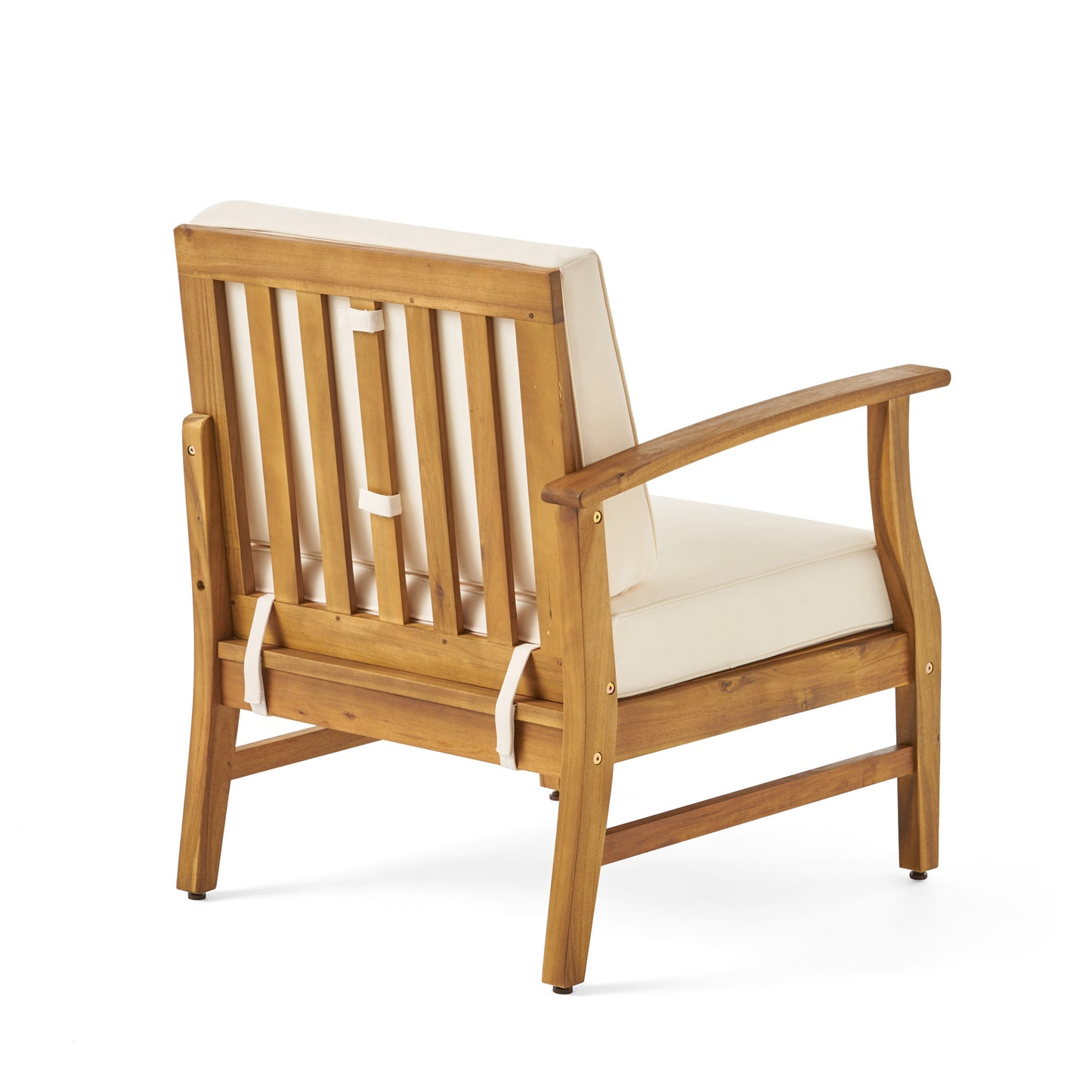 Wooden armchair with cream cushions perfect for patio seating
