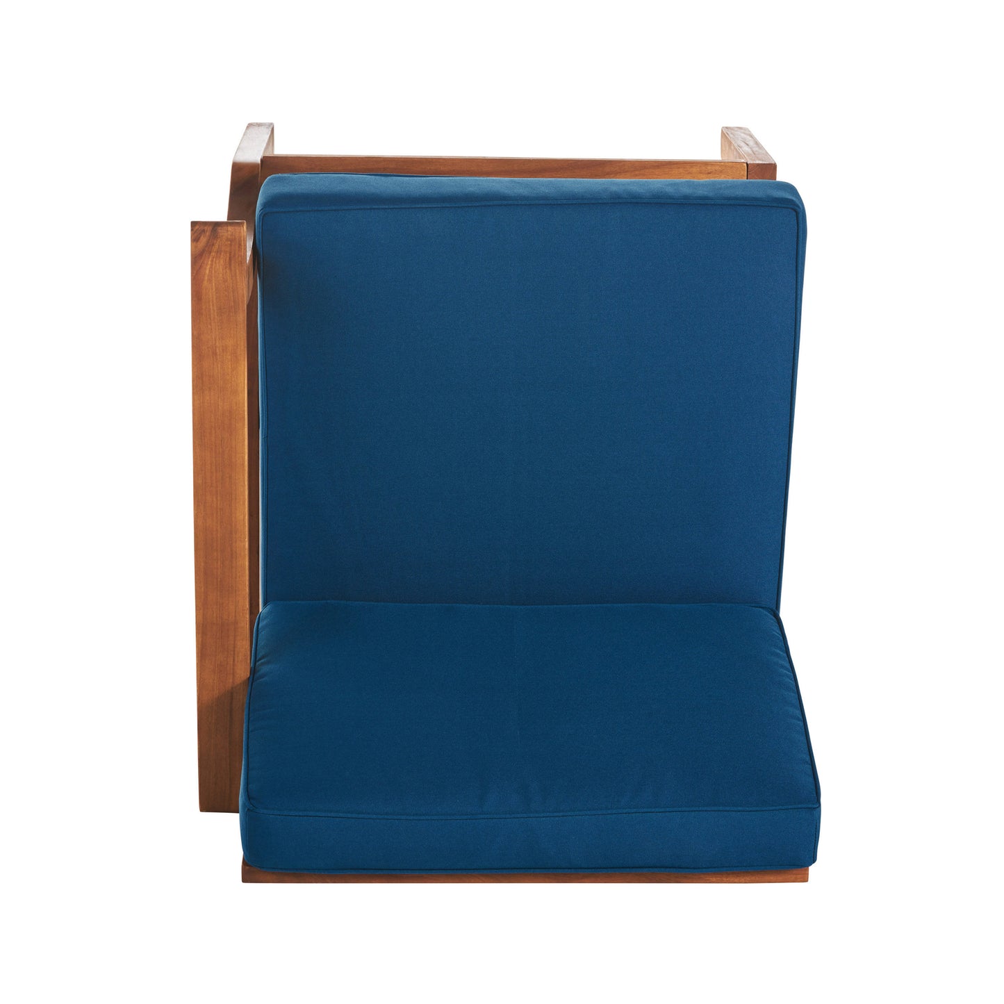 Deep blue upholstered wooden accent chair with clean lines