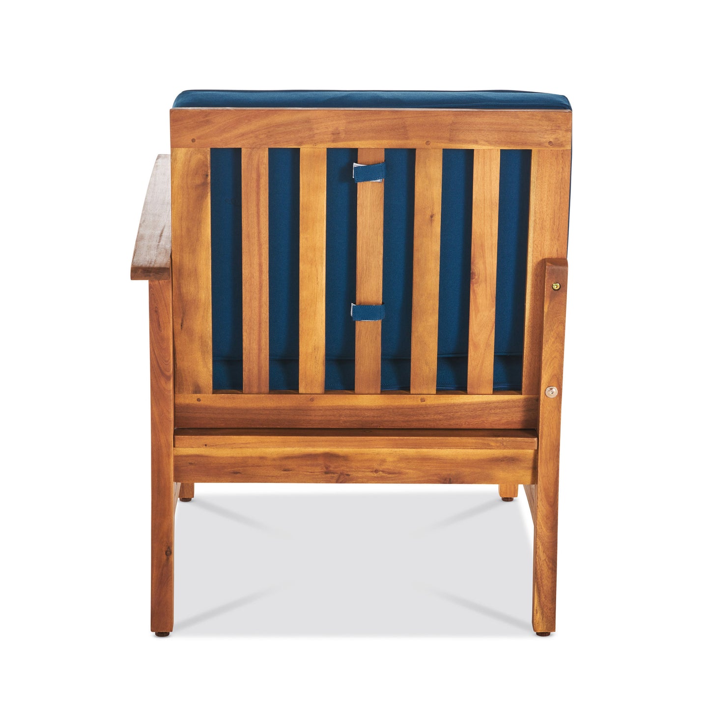 Wooden outdoor chair with navy blue cushions natural finish slatted backrest