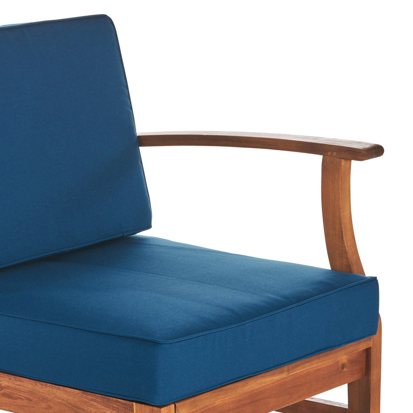 Deep blue outdoor chair cushion with wooden armrest detail and frame